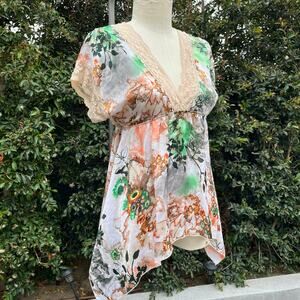 Blue Sketch Vintage Y2K Floral Boho V-Neck Babydoll Top USA Made Small Fairy